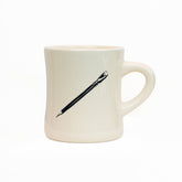 white diner mug with a black pencil print