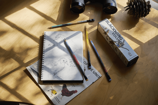 Blackwing 458 volume  pencils, featuring 4 different gradients inspired by birds on a desk with a Blackwing spiral notebook.