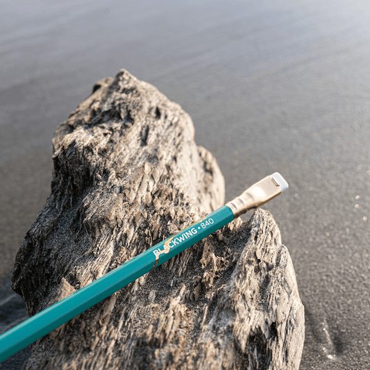 Blackwing Volume 840, the Surfing Pencil, sits atop a beach rock