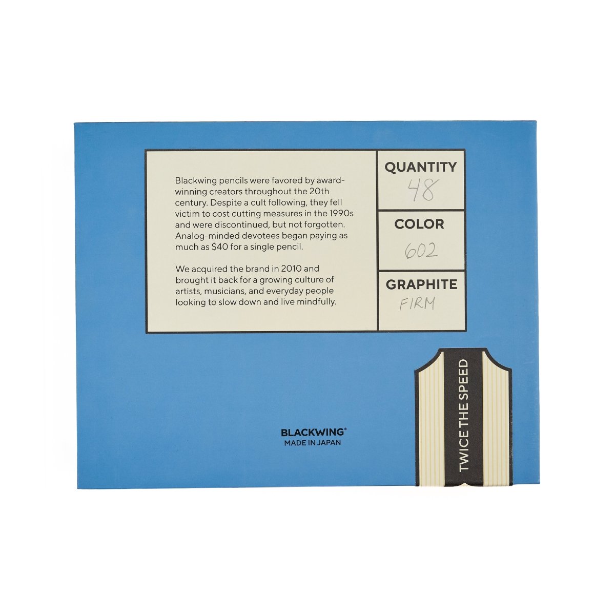 A blue rectangular gift box for Blackwing graphite pencils, shown on a plain white background. The box includes printed text, and small handwritten quantity, color, and graphite notes.