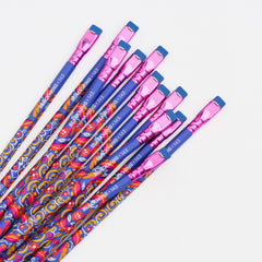 Blackwing Volume 143 pencils on a white background, a tribute to Frida Kahlo, featuring a blue pencil barrel with pink, orange, and white floral patterns, a pink ferrule, and blue erasers