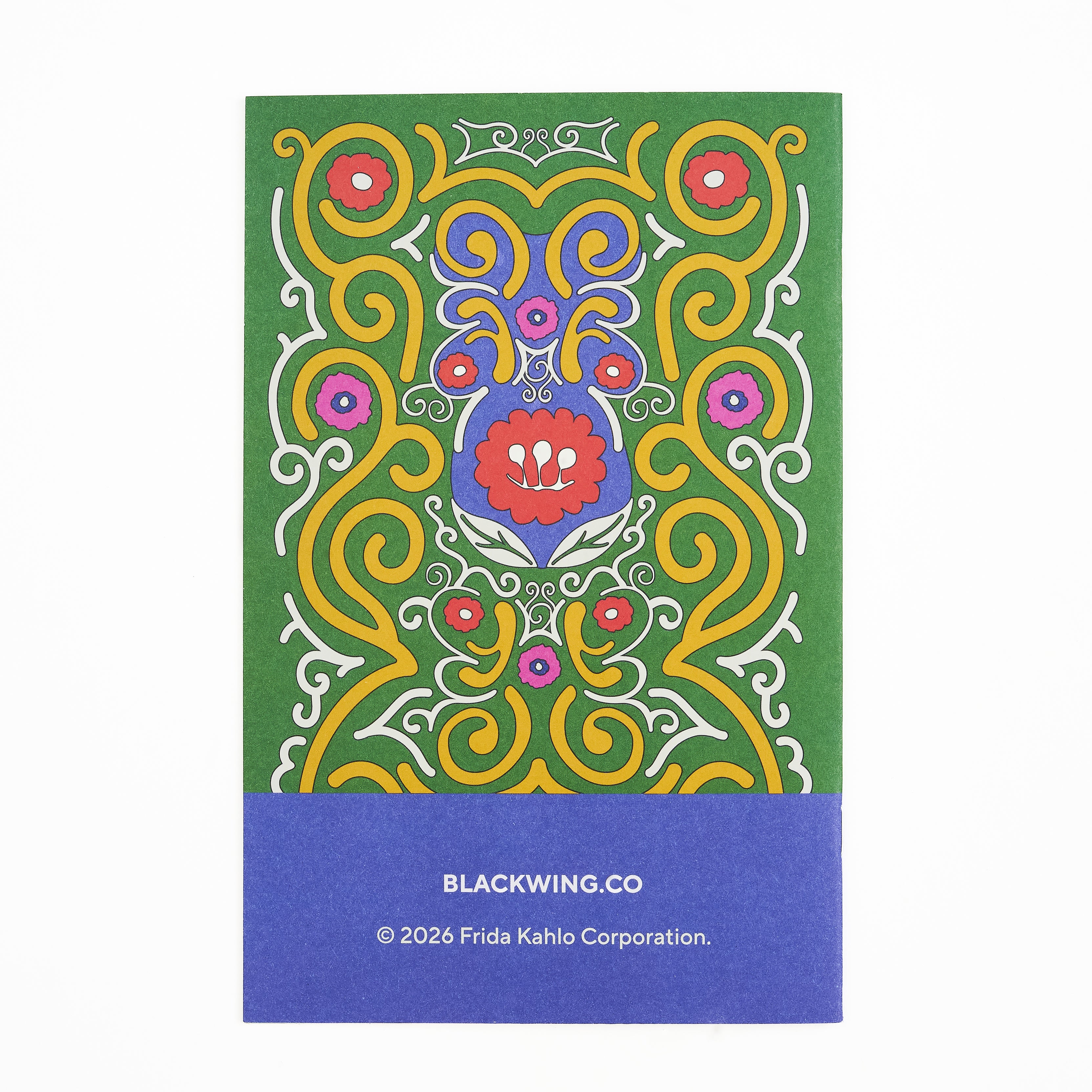 Back of Blackwing Quarterly zine, Volume 143, Issue 003, August 2026, featuring a colorful illustration with yellow and white scrolls, and pink and red flowers on a green background.