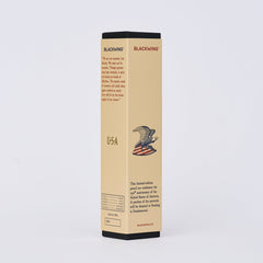 Blackwing pencil box in light tan color with eagle printed on side and quote from Abraham Lincoln