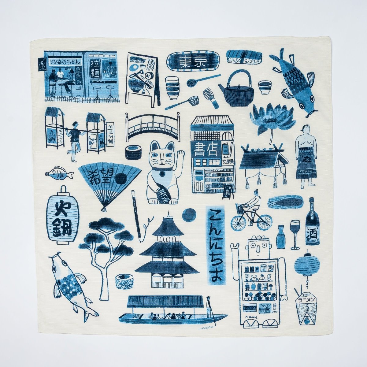 Blackwing Furoshiki in off-white, featuring a Japanese-inspired print with hues of light and dark blue