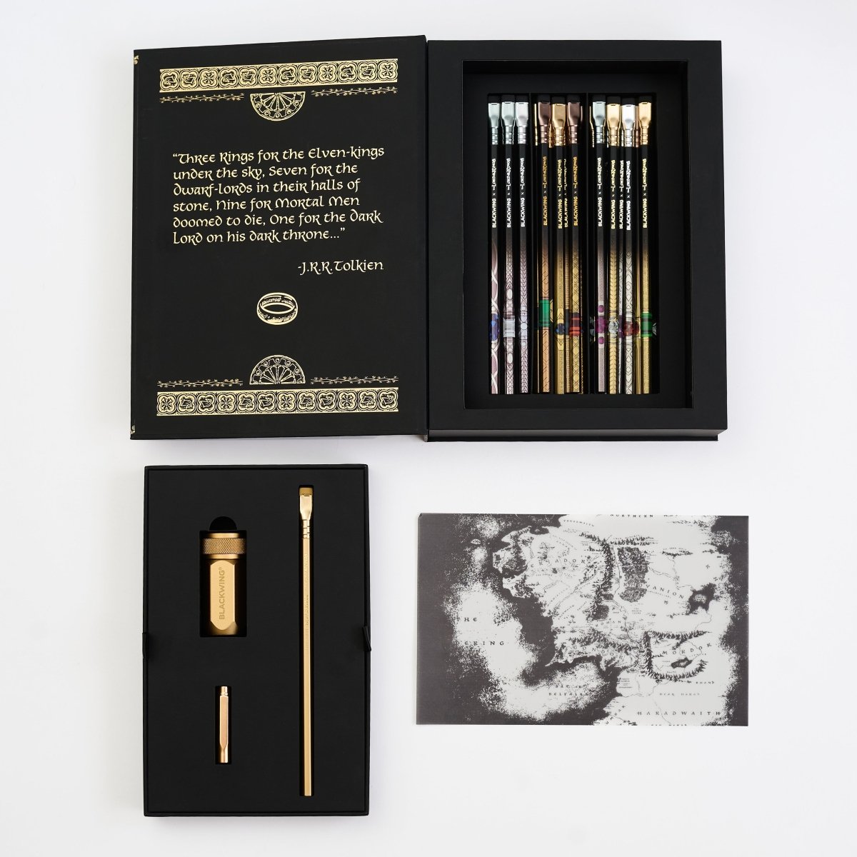 Blackwing Lord of the Rings box open with pencils inside and a gold sharpener, point guard, and pencil.