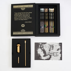 Blackwing Lord of the Rings box open with pencils inside and a gold sharpener, point guard, and pencil.