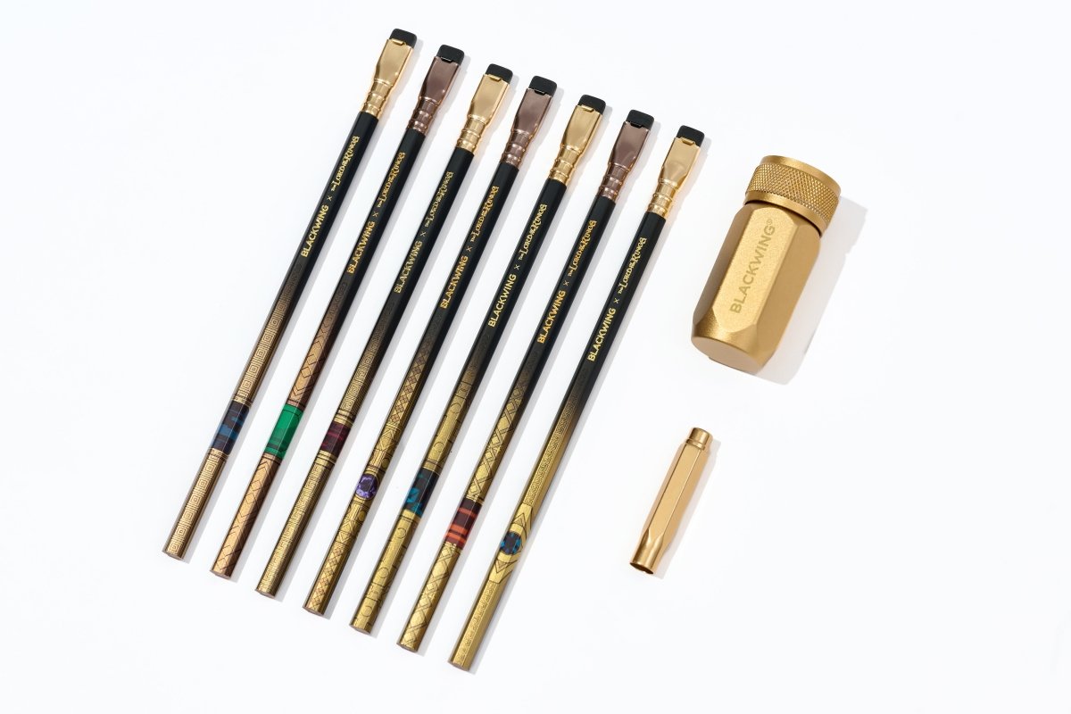Blackwing x Lord of the Rings gold sharpener, gold point guard, colorful pencils