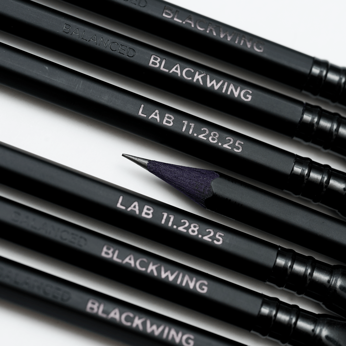 Blackwing pencils, featuring black wood, black barrel, black shiny imprint, black ferrule, and black eraser