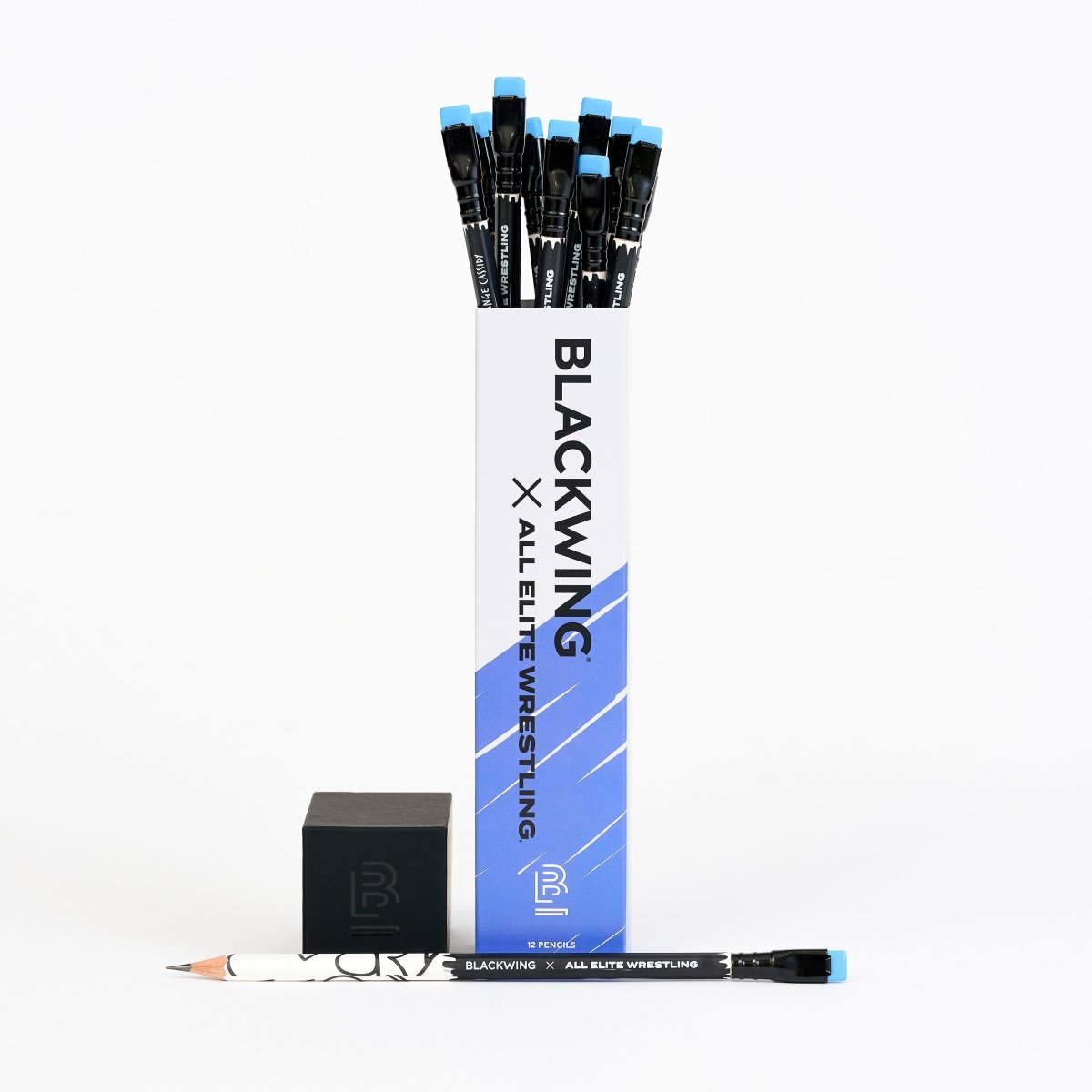 Blackwing x AEW Pencils inside of the packaging with the lid off