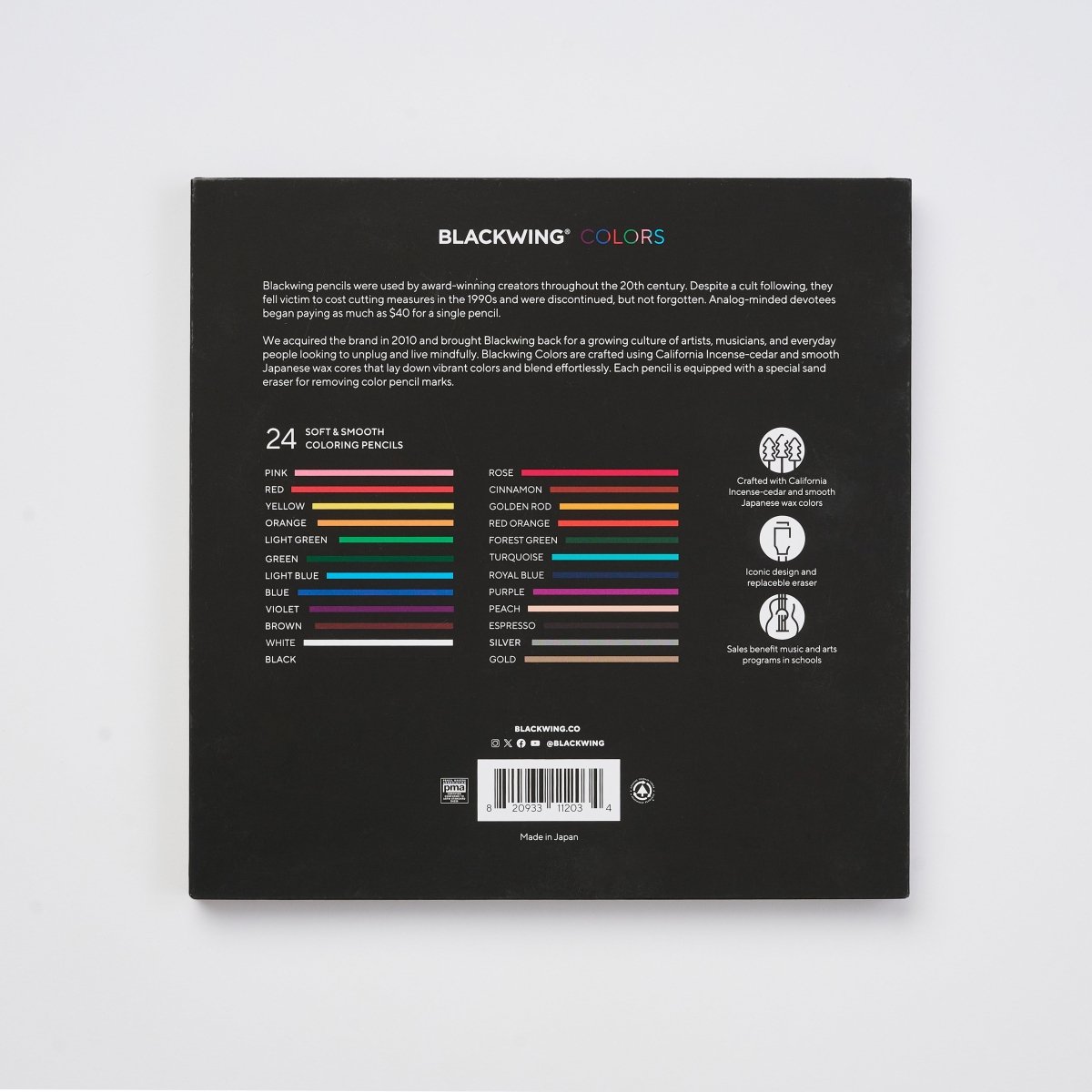 Back of a Blackwing pencil packaging with color swatches and text on a white background