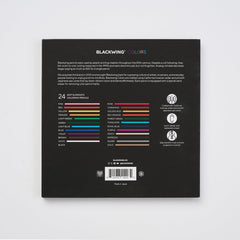 Back of a Blackwing pencil packaging with color swatches and text on a white background