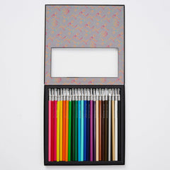 24 colored pencils in a box on a white background