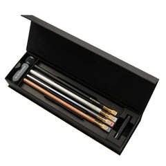 Set of Blackwing core pencils in a black case with a pencil point guard and sharpener.