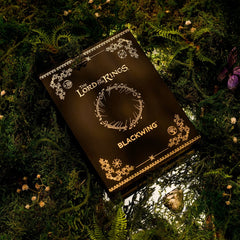 Black box with 'The Lord of the Rings' lettering and gold imprint design on top of greenery