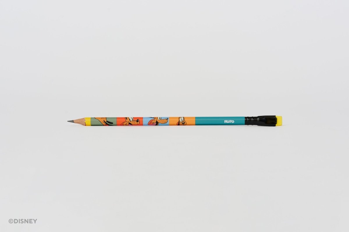 A single pencil with a colorful Disney Pluto character graphic pattern on its body, a teal upper barrel, a black ferrule, and a bright yellow eraser, shown horizontally against a plain light gray background.