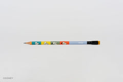 A Blackwing Disney pencil with a light blue barrel, featuring colorful Donald Duck illustrations, a black ferrule, and a mustard yellow eraser, shown horizontally against a plain white background.