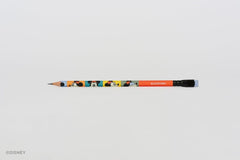 A Disney branded Blackwing pencil with colorful Minnie Mouse illustrations and a red-orange barrel, shown horizontally on a plain light gray background.