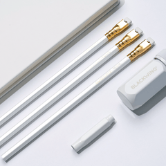 Blackwing white one-step sharpener, white pencil guard, pearl pencils, and white slate notebook