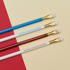 4 variations of Blackwing 250 pencils  with text that says 'THE BETTER ANGELS OF OUR NATURE' on a cream and red background