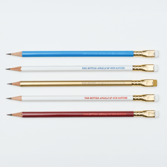 Blackwing pencils in red, white, blue, and gold, each with imprint 'THE BETTER ANGELS OF OUR NATURE' on a white background