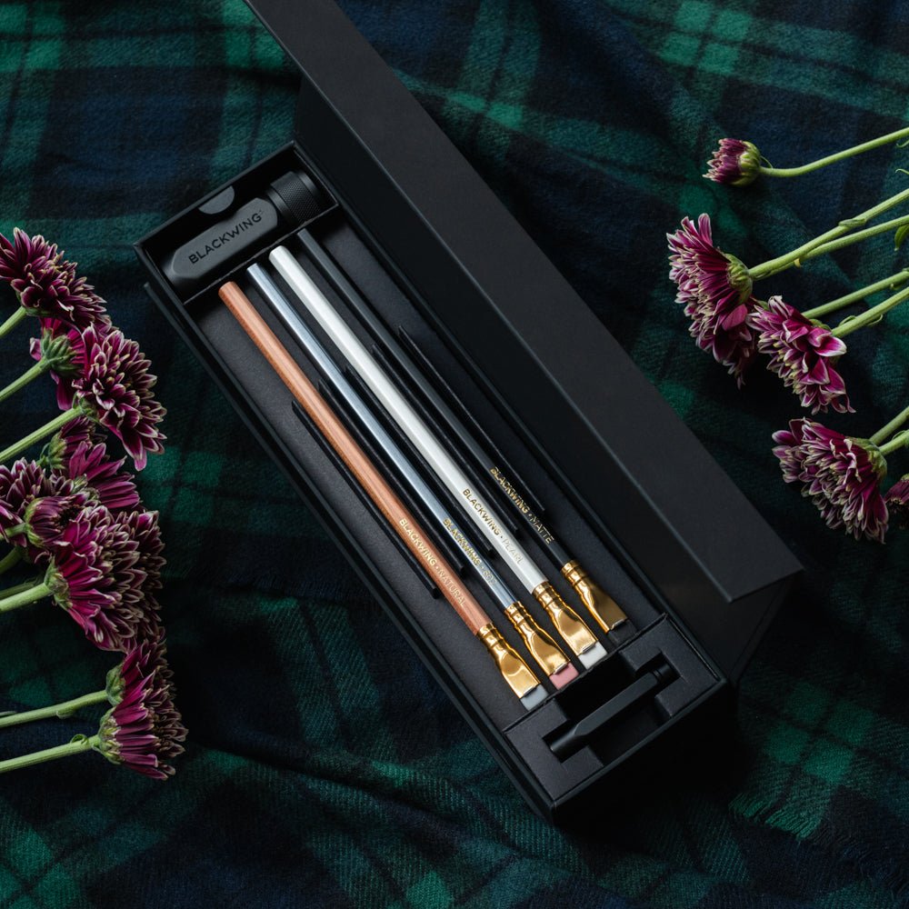 Blackwing Pencil Essentials Set, featuring the four core Blackwing pencils: Matte, Pearl, 602, Natural
