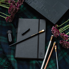 Blackwing Notebook Essentials Set includes a black slate notebook, 4 core pencils, a black pencil point protector, and a black one-step sharpener