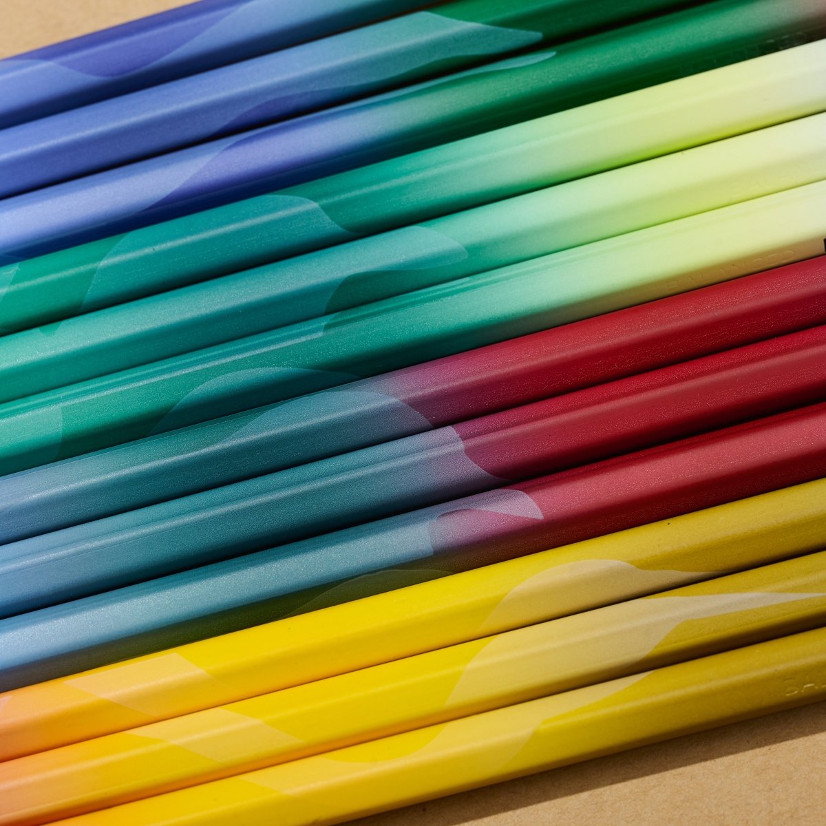 gradient birding pencils in four designs lay side-by-side, creating the shapes of bird silhouettes