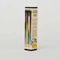 Blackwing Volume 458 pencil box featuring illustrations of 4 gradient pencils and birds