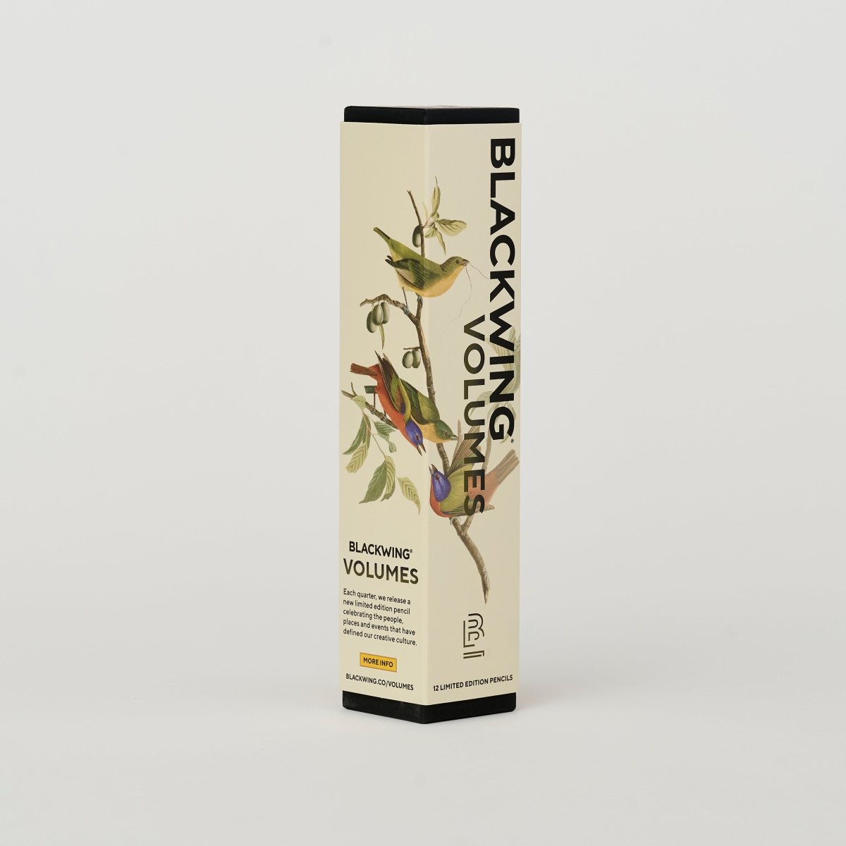Blackwing Volumes pencil box featuring illustrations of birds on a branch