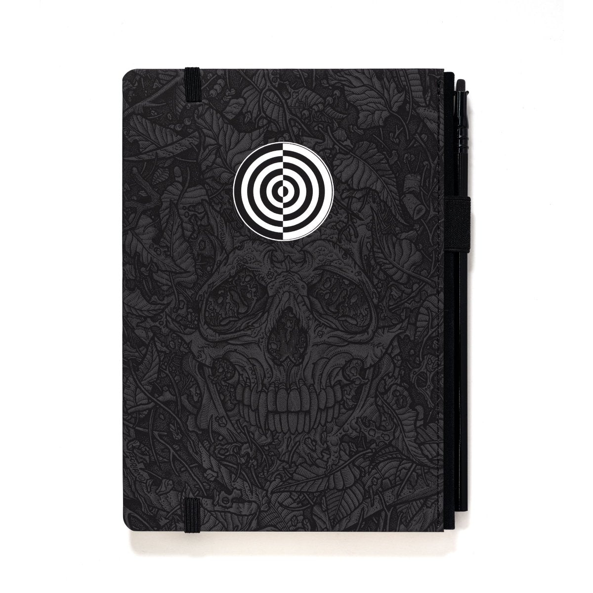 A Blackwing Artist Series Slate Notebook with Florian Bertmer's art - grey and black notebook with skull art and white target imprint 