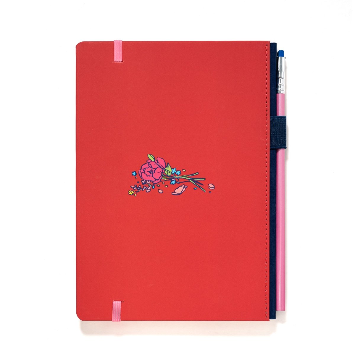 A Blackwing Artist Series Slate Notebook with Leslie Hung's art - back of notebook is red with a small clip of a bouquet in the middle. pink pencil with blue eraser on binding.
