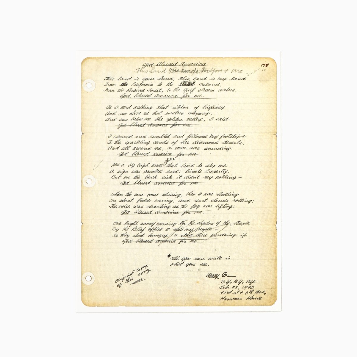 Blackwing Volume 223 Postcards - Woody Guthrie Hand Written "This Land is Your Land" Lyrics