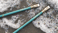 Blackwing Volume 840 Pencils, jade blue barrel, gold squiggles, gold ferrule, white eraser