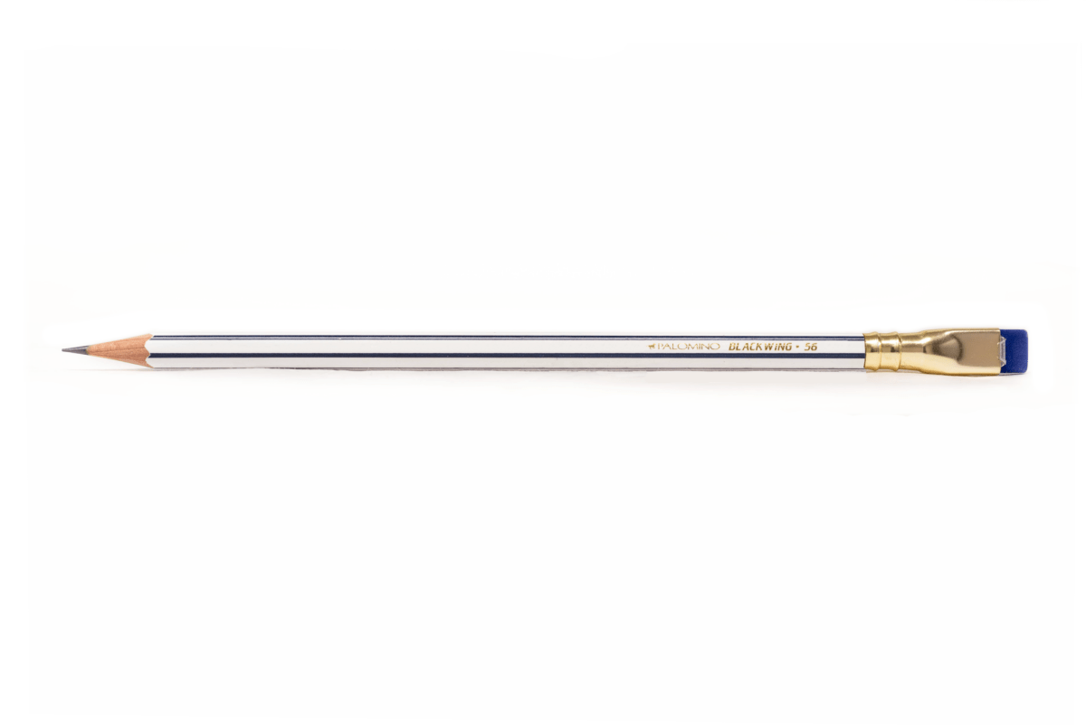 Blackwing Volume 56 Pencil, white with vertical royal blue stripes, gold imprint, gold ferrule, and royal blue eraser