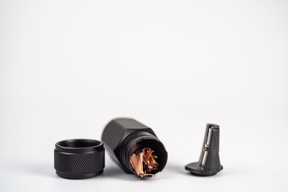 Blackwing One-Step Long Point Sharpener - Open with pencil shavings