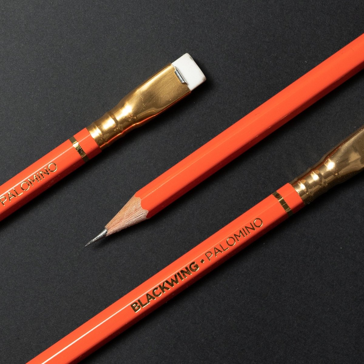 Blackwing Palomino pencils, orange barrel, gold imprint, gold ferrule, white eraser