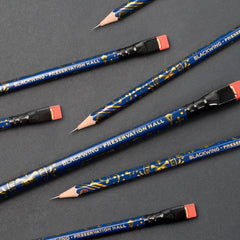 Blackwing X Preservation Hall pencils, blue barrel with gold design, black ferrule, pink eraser