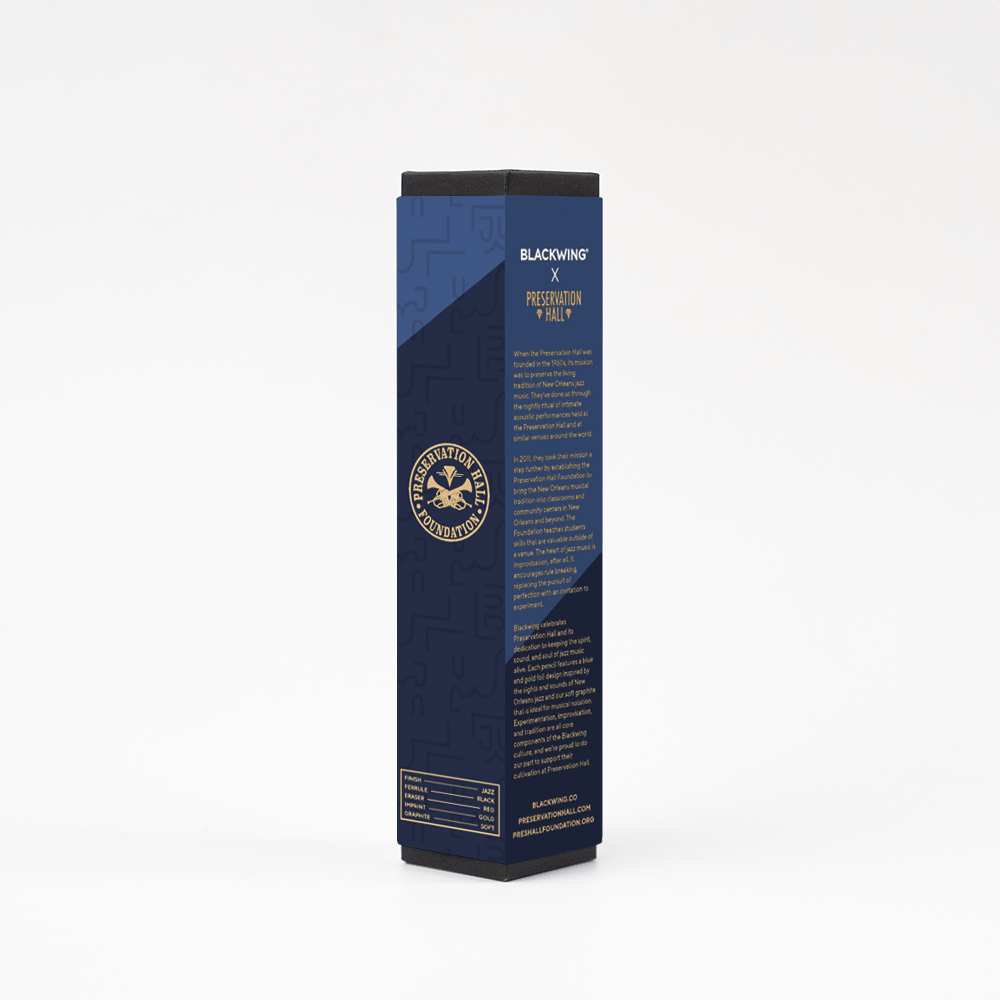 Blackwing X Preservation Hall pencils in a blue and navy package with gold writing