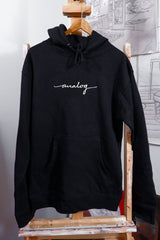 black hoodie with white "analog" cursive text