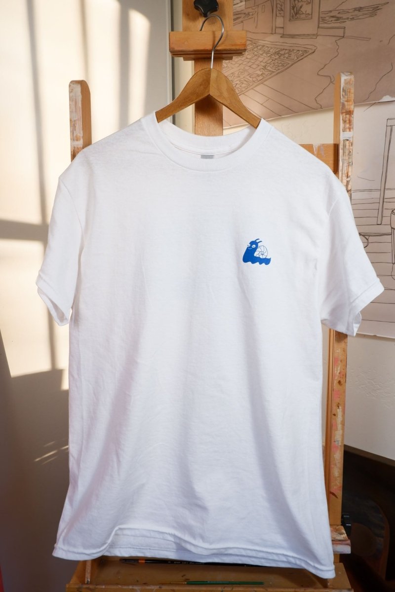white slow-down t-shirt with blue screen printed snail on left breast