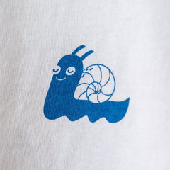 white slow-down t-shirt screen printed snail on left breast