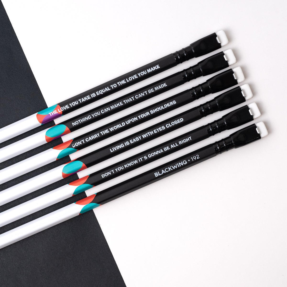 Blackwing Volume 192 pencils, black and white barrel with colorful circle design in middle