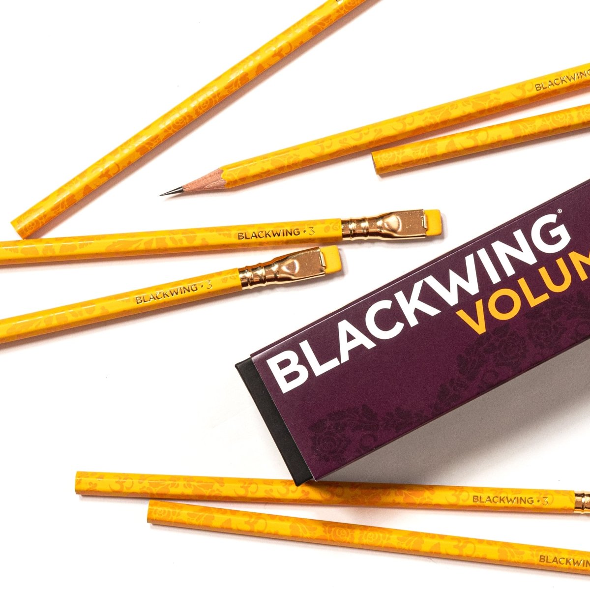 Blackwing Volume 3, yellow floral barrel, gold ferrule, yellow eraser